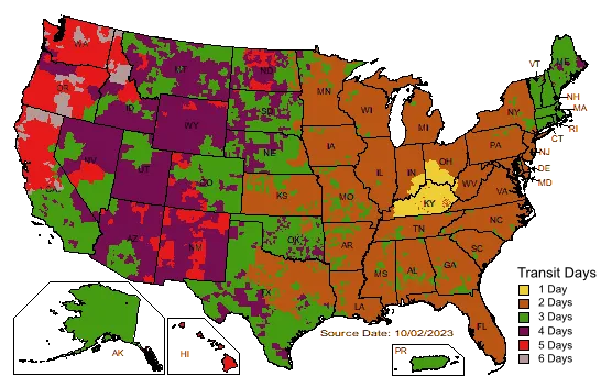 Map of USA Shipping times for UPS